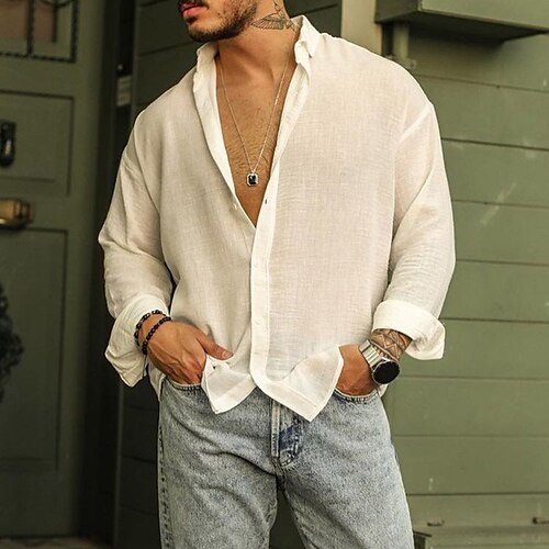

Men's Shirt Solid Color Turndown Street Daily Button-Down Long Sleeve Tops Designer Casual Fashion Comfortable White