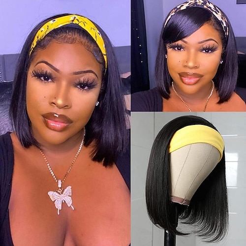 

Straight Short Headband Human Hair Wigs For Black Women 130% Straight Bob Wigs With Bangs Remy Malaysian Hair Machine Made Wigs