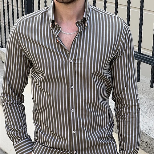 

Men's Oxford Shirt Dress Shirt Waves Turndown Coffee Wedding Work Long Sleeve Button-Down Clothing Apparel Fashion Designer Business Comfortable