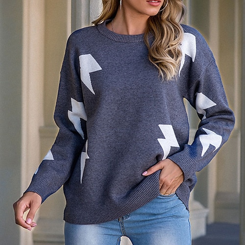 

Women's Pullover Sweater Jumper Knit Knitted Print Print Crew Neck Stylish Casual Daily Going out Drop Shoulder Fall Winter Gray S M L / Long Sleeve / Regular Fit