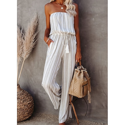 

Women's Jumpsuit Solid Color Strapless Casual Holiday Weekend Straight Regular Fit Sleeveless White S M L Spring