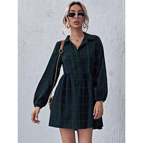 

Women's T shirt Dress Tunic Shirts Blouse Shirt Green Navy Blue Plaid Button Print Long Sleeve Daily Weekend Streetwear Casual Shirt Collar Long Cotton Lantern Sleeve S