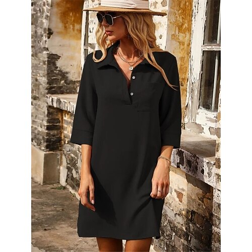

Women's T shirt Dress Blouse Shirt Green Black Plain Button Pocket Long Sleeve Daily Weekend Streetwear Casual Shirt Collar Long S