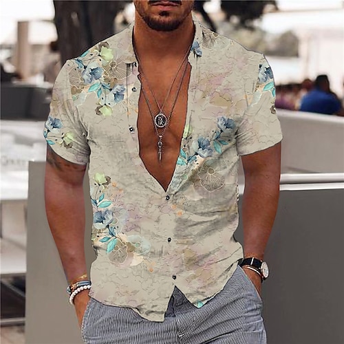 

Men's Shirt 3D Print Floral Turndown Street Casual Button-Down Print Short Sleeves Tops Designer Casual Fashion Breathable Khaki / Summer