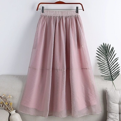 

Women's Skirt Swing Midi Polyester Viscose Pink Khaki Beige Black Skirts Spring & Summer Tulle Lined Elegant Daily Date S M L