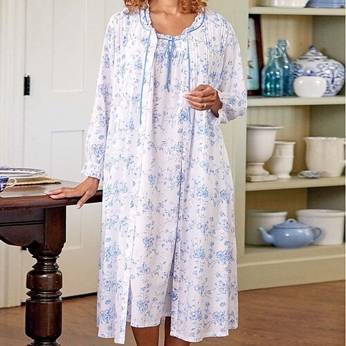 

Women's Two Piece Dress Midi Dress Blue Long Sleeve Floral Patchwork Fake two piece Puff Sleeve Spring Summer Round Neck Stylish Casual 2022 S M L XL XXL 3XL