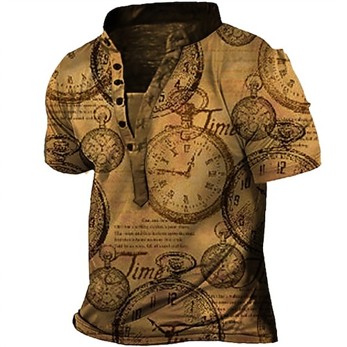 

Men's Henley Shirt Tee T shirt Tee 3D Print Graphic Patterned Clock Plus Size Henley Daily Sports Button-Down Print Short Sleeve Tops Designer Basic Casual Classic Brown / Summer / Summer