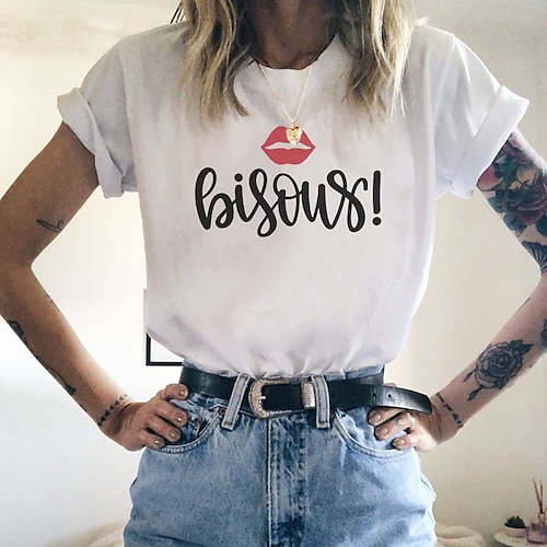 

Women's T shirt Tee Text Lip Casual Weekend Painting T shirt Tee Short Sleeve Print Round Neck Basic Essential White Black Pink S