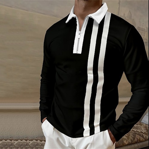 

Men's Collar Polo Shirt Golf Shirt Striped Turndown Black 3D Print Street Daily Long Sleeve Zipper 3D Clothing Apparel Fashion Casual Breathable Comfortable / Beach