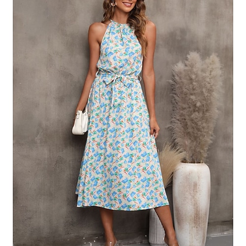 

Women's Swing Dress Midi Dress Green Sleeveless Floral Lace up Patchwork Print Summer Halter Neck Casual Fashion 2022 S M L XL