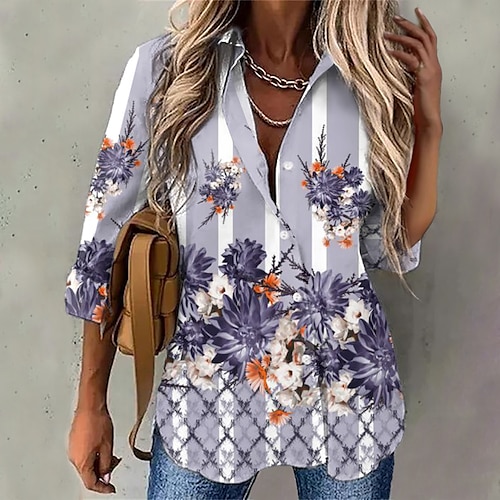 

Women's Blouse Floral Daily Weekend Floral Blouse Shirt Long Sleeve Button Print Shirt Collar Casual Streetwear Green Blue Purple S / 3D Print