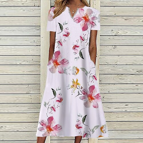 

Damen Casual kleid Midikleid Weiß Kurzarm Blumen Tasche Frühling Sommer V Ausschnitt 2022 S M L XL XXL 3XL