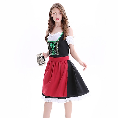 

Oktoberfest Beer International Beer Festival Dirndl Trachtenkleider Women's Dress Apron Bavarian Costume Black and Red