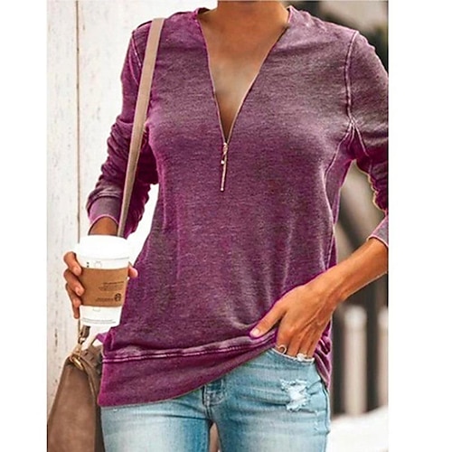 

Women's Blouse Shirt Zipper Basic Plain Daily V Neck Long Sleeve Regular Spring Fall