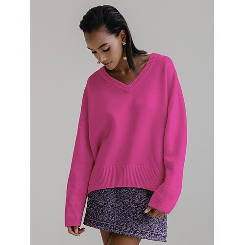 

Women's Pullover Sweater jumper Jumper Crochet Knit V Neck Basic Casual Work Daily Winter Fall Pink Yellow S M L / Long Sleeve