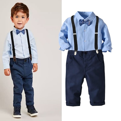 

4 Pieces Kids Boys Shirt & Pants Clothing Set Outfit Color Block Long Sleeve Cotton Set School Active Preppy Style Spring Summer 2-6 Years Blue