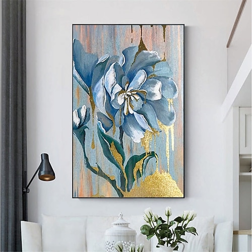 

Handmade Hand Painted Oil Painting Wall Art Blue Golden Flowers Decoration Home Decoration Decor Canvas Paintingfor Living Room