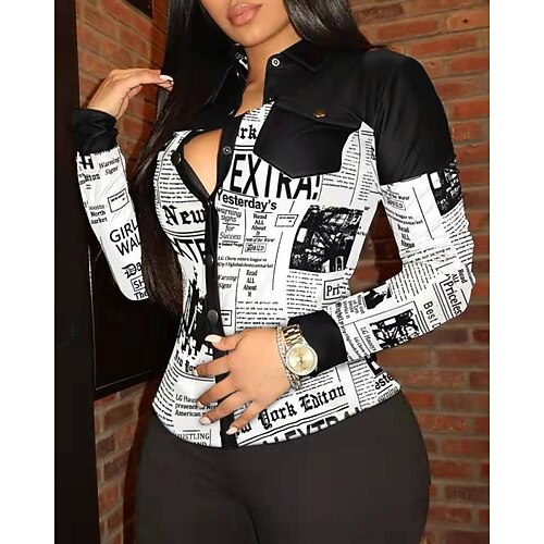 

Women's Blouse Shirt Red White Letter Chains Print Patchwork Pocket Long Sleeve Casual Daily Sexy Shirt Collar Regular S