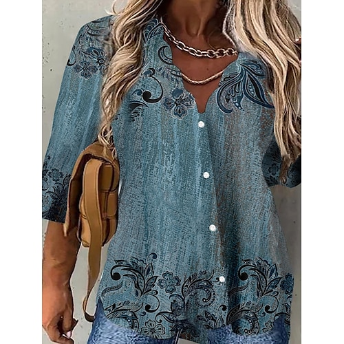 

Women's Plus Size Tops Blouse Shirt Floral Print 3/4 Length Sleeve V Neck Streetwear Festival Work Going out Polyester Fall Spring Blue