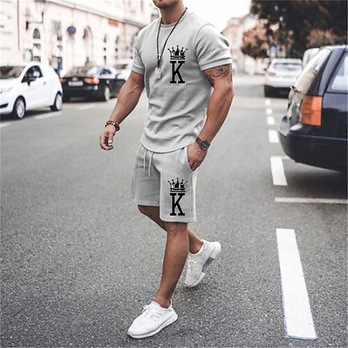 

Men's T-shirt Suits Tennis Shirt Graphic Letter Crew Neck Blue Pink Army Green Khaki Red 3D Print Street Daily Short Sleeve Print Clothing Apparel 2pcs Basic Fashion Lightweight Casual / Summer