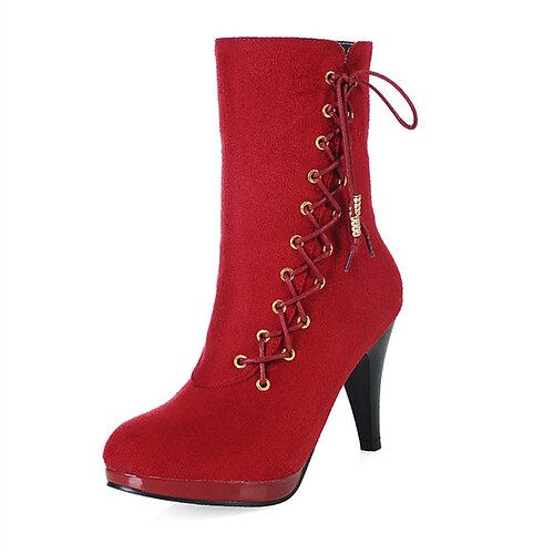 

Women's Boots Daily Mid Calf Boots Winter Stiletto Heel Round Toe British PU Leather Zipper Solid Colored Black Red Brown