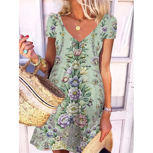 

Women's Shift Dress Short Mini Dress Green Black Short Sleeve Floral Print Spring Summer V Neck Elegant Casual Vacation 2022 S M L XL XXL 3XL