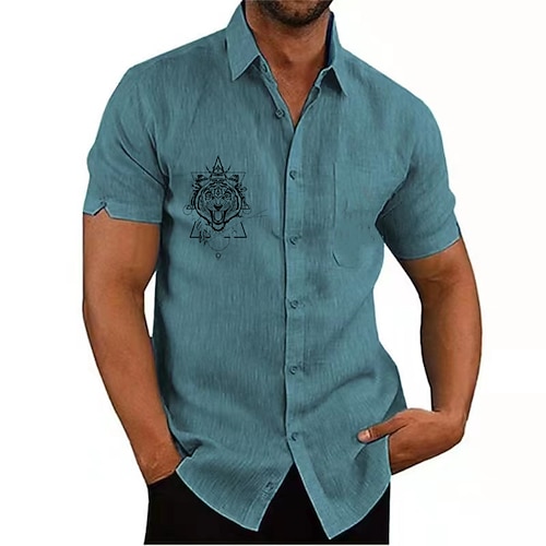 

Men's Shirt Solid Color Tiger Turndown Street Casual Button-Down Print Half Sleeve Tops Designer Casual Fashion Breathable Sea Blue White Black / Summer