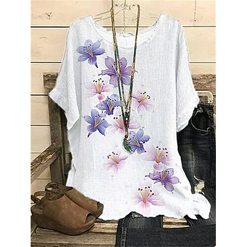 

Women's T shirt Tee Flower Casual Daily Holiday Floral T shirt Tee Short Sleeve Print Round Neck Basic Essential Loose White S / 3D Print