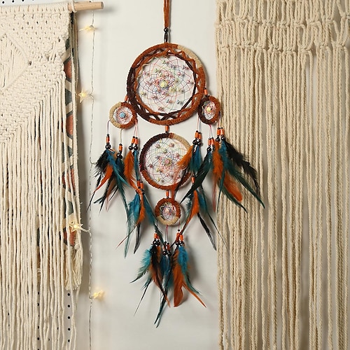 

Indian Orange Dream Catcher Handmade Five-ring Wind Chime with Duble-layer Feather Tassel Ornament Gift Wall Hanging Decor for Home Wedding Festival 1673cm Boho Style