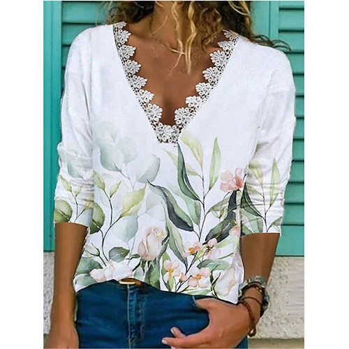

Women's T shirt Tee Flower Casual Daily Holiday Floral T shirt Tee Long Sleeve Patchwork Lace Trims Print V Neck Basic Essential White S / 3D Print