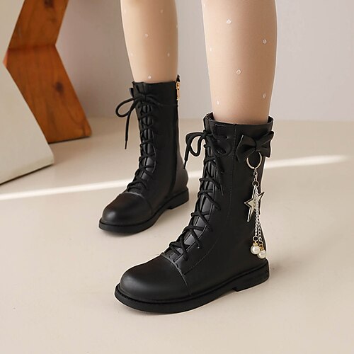 

Girls' Boots Mid-Calf Boots PU School Shoes Big Kids(7years ) Daily Tassel Black Rosy Pink Beige Fall Spring