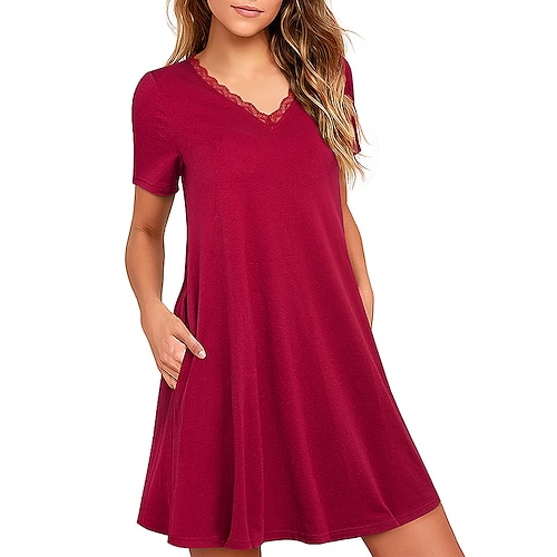 

Damen Casual kleid Wein Kurzarm Einfarbig Spitze Frühling Sommer V Ausschnitt 2022 S M L XL XXL