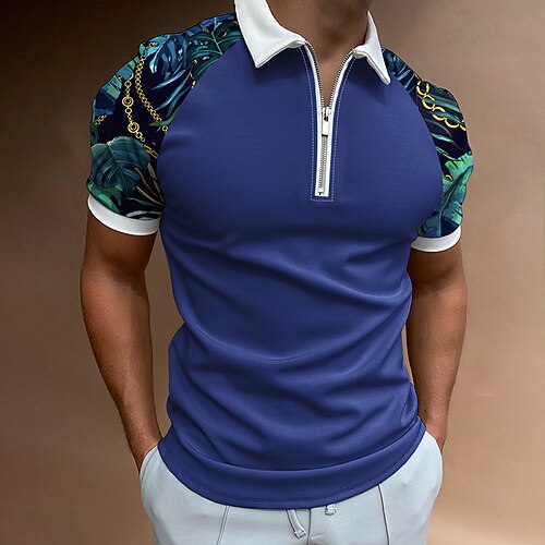 

Men's Collar Polo Shirt Golf Shirt Quarter Zip Polo Graphic Chains Print Turndown Royal Blue Outdoor Street Short Sleeve Zipper Print Clothing Apparel Fashion Casual Breathable / Summer / Spring