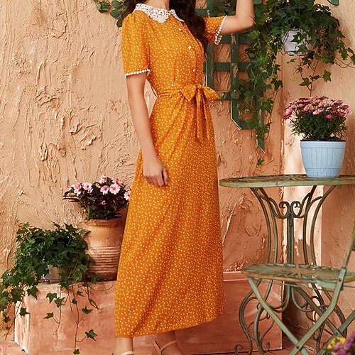 

Women's A Line Dress Maxi long Dress Yellow Short Sleeve Polka Dot Patchwork Spring Summer Shirt Collar Fashion Modern Loose 2022 S M L XL