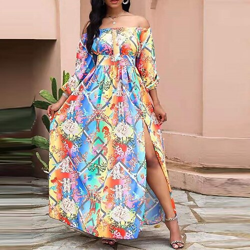 

Women's A Line Dress Maxi long Dress Rainbow Long Sleeve Print Geometric Backless Split Print Fall Spring Off Shoulder Fashion 2022 S M L XL