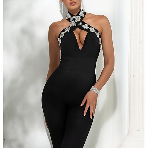 

Jumpsuits Evening Dresses Sexy Dress Prom Ankle Length Sleeveless Halter Neck Stretch Fabric with Crystals Pure Color 2022