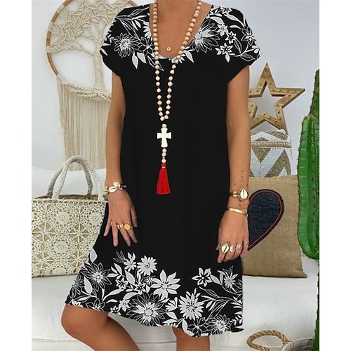 

Women's Casual Dress Shift Dress Midi Dress Black White Short Sleeve Floral Print Spring Summer V Neck 2022 S M L XL XXL 3XL