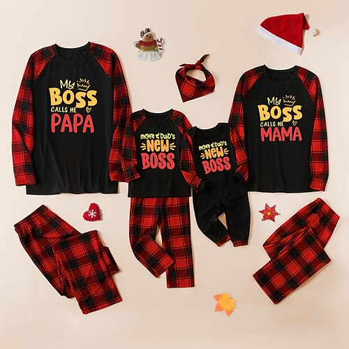 

Christmas Pajamas Ugly Family Set Plaid Heart Letter Print Patchwork Pajama Set Dark Red Long Sleeve Mom Dad and Me Daily Matching Outfits