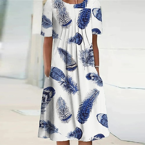 

Women's Shift Dress Knee Length Dress White Short Sleeve Print Ruched Pocket Print Spring Summer Crew Neck Casual Vacation 2022 S M L XL XXL 3XL