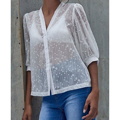 

Women's Blouse Polka Dot Casual Daily Weekend Blouse Shirt 3/4 Length Sleeve Patchwork V Neck Casual Streetwear White S