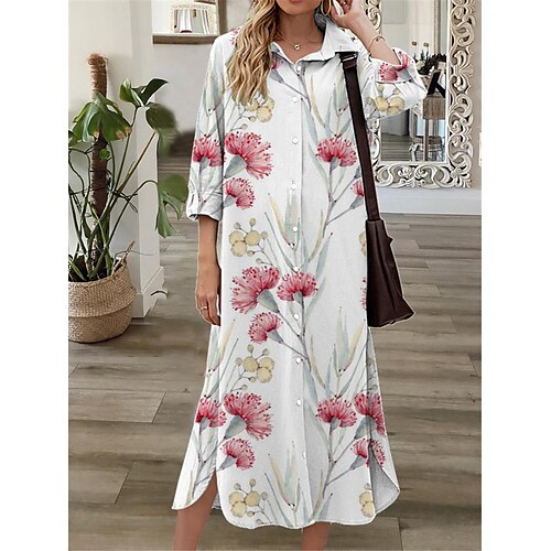 

Women's Shift Dress Midi Dress Green Blue Pink 3/4 Length Sleeve Floral Button Print Fall Spring Shirt Collar Casual Fashion 2022 S M L XL XXL 3XL
