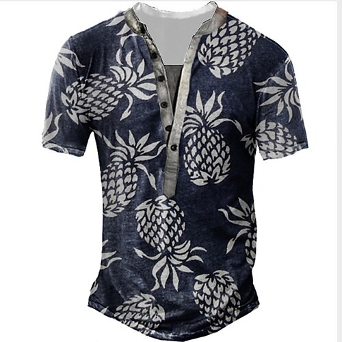 

Men's Henley Shirt Tee T shirt Tee 3D Print Graphic Patterned Pineapple Plus Size Henley Daily Sports Button-Down Print Short Sleeve Tops Designer Basic Classic Comfortable Navy Blue / Summer