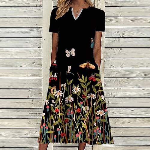 

Women's A Line Dress Midi Dress Green Blue Purple Yellow Fuchsia Short Sleeve Floral Butterfly Animal Pocket Print Spring Summer V Neck Casual Vacation 2022 S M L XL XXL 3XL