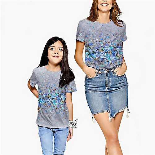 

Mommy and Me T shirt Tops Floral Street Print Blue Orange Short Sleeve Active Matching Outfits