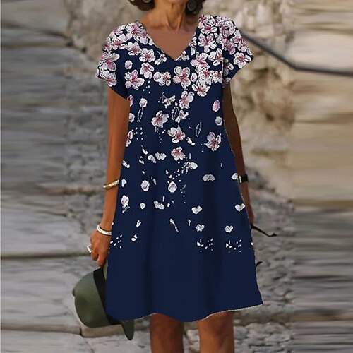 

Women's Shift Dress Knee Length Dress Blue Navy Blue Short Sleeve Floral Print Spring Summer V Neck Casual Vacation 2022 S M L XL XXL 3XL