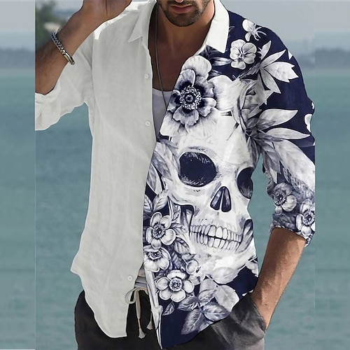 

Men's Shirt 3D Print Floral Skull Turndown Street Casual Button-Down Print Long Sleeve Tops Casual Fashion Breathable Comfortable White