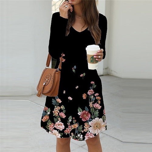 

Women's Shift Dress Short Mini Dress Black Long Sleeve Floral Pocket Print Fall Spring V Neck Casual 2022 S M L XL XXL 3XL