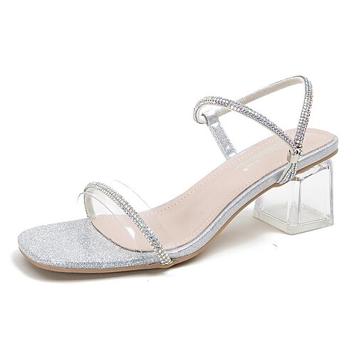 

Women's Sandals Rhinestone Chunky Heel Open Toe Elegant Sweet Daily Office Faux Leather Loafer Spring Summer Solid Colored Silver