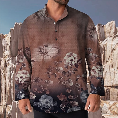 

Men's Shirt 3D Print Floral Stand Collar Casual Daily Button-Down Print Long Sleeve Tops Designer Casual Fashion Comfortable Wine / Sports