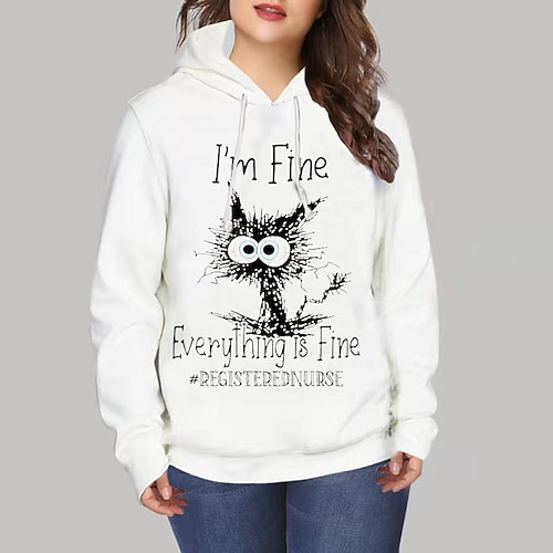 

Women's Plus Size Tops Hoodie Sweatshirt Cat Letter Print Long Sleeve Hooded Streetwear Daily Vacation Polyester Fall Winter White